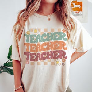 Retro Checkered Teacher PNG: Groovy Floral Shirt Design (Digital Download, Commercial Use OK