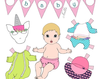 Baby Paper doll Set Printable Paper Dolls Baby Shower Gift decor