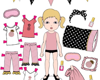 Pyjama Party Papierpuppen Set, Blond mit Zöpfen, bedruckbare Papierpuppen, Spa Party, Kinder Basteln
