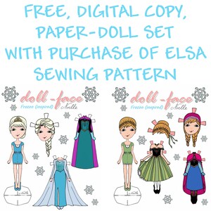 Puede incluir: Un conjunto de mu&ntilde;ecas de papel imprimibles con Elsa y Anna de la pel&iacute;cula Frozen. El conjunto incluye varios atuendos y accesorios para cada personaje. El texto en la imagen dice "FREE, DIGITAL COPY, PAPER-DOLL SET WITH PURCHASE OF ELSA SEWING PATTERN doll-face Frozen (inspired) Noelle doll-face Frozen (inspired) Noelle Mille Mille".