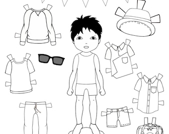 Color Me, druckbare schwarz und weiße Papierpuppen, Kleidung, Accessoires, Kindermode. Gastgeschenke.