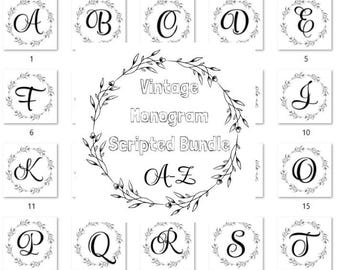 Vintage Monogramm beschriftetes Alphabet, Buchstaben A-Z, rosa Monogramm, schwarzer Lorbeerkranz, ausgefallenes Monogramm, Typografie, Schriftzug
