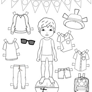 Color Me, printable black and white paper dolls, hand drawn, clothing, accessories, kids fashion. Party favors.