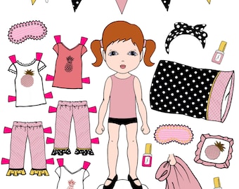 Slumber Party Paper-doll Set,red Head With Pigtails, Printable Paper Dolls,  Spa Party, Kids Craft 