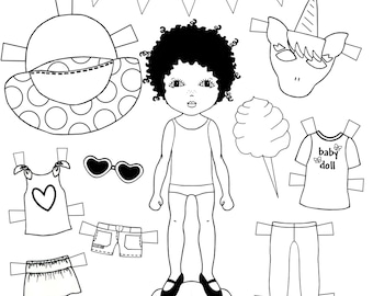 Farbe mich, druckbare schwarzen und weißen Papier-Puppen, von Hand gezeichnet, Kleidung, Accessoires, Kindermode. Bevorzugungen.