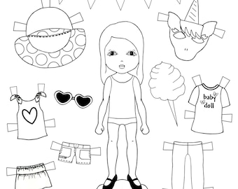 Color Me, druckbare schwarz und weiße Papierpuppen, Kleidung, Accessoires, Kindermode. Gastgeschenke.