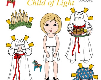 St. Lucia, Lucia Kind des Lichts, Papierpuppenset, Weihnachtsschmuck, Papierpuppen zum Ausdrucken, Kinder Basteln, Urlaub Basteln