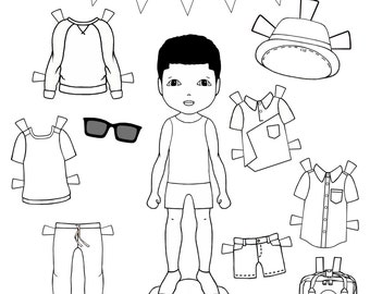 Color Me, druckbare schwarz und weiße Papierpuppen, Kleidung, Accessoires, Kindermode. Gastgeschenke.