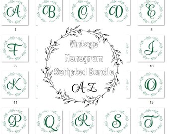 Vintage Monogramm beschriftetes Alphabet, Buchstaben A-Z, rosa Monogramm, grüner Lorbeerkranz, ausgefallenes Monogramm, Typografie, Schriftzug