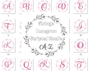 Vintage Monogramm beschriftetes Alphabet, Buchstaben A-Z, Goldmonogramm, rosa Lorbeerkranz, ausgefallenes Monogramm, Typografie, Schriftzug
