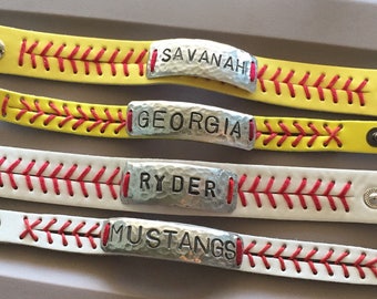 Baseball or Softball Personalized Name or Number Leather Stitch Bracelet Baseball/Softball MOM. Free Shipping!