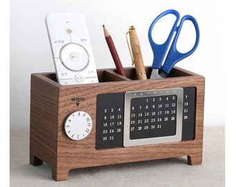 Multifunctional Desktop Organizer,Creative Wooden Calendar Pen Holder,Desk Storage Box