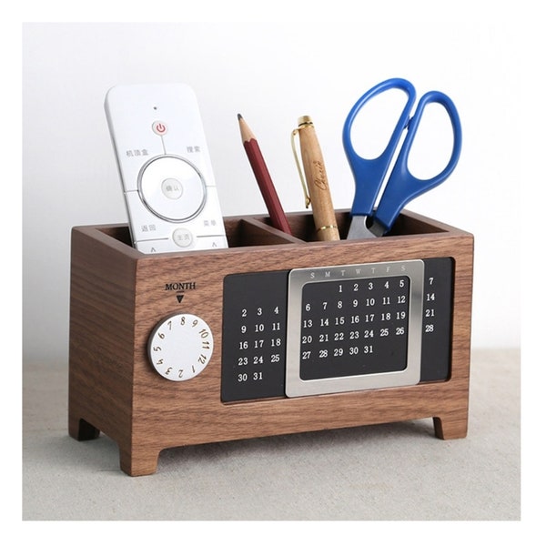 Multifunctional Desktop Organizer,Creative Wooden Calendar Pen Holder,Desk Storage Box