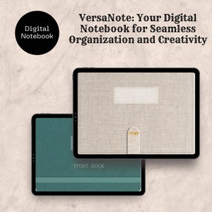May include: Two digital notebooks, one with a beige linen cover and the text "STORY" and the other with a teal cover and the text "STORY BOOK". Both notebooks are displayed on a textured background.