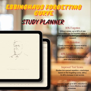 May include: A study planner infographic illustrating the Ebbinghaus Forgetting Curve. The infographic shows the percentage of information forgotten over time without review, the percentage retained with timely review, and the percentage retained with continued review. The infographic also highlights the benefits of spaced repetition for improving test scores and efficiency.