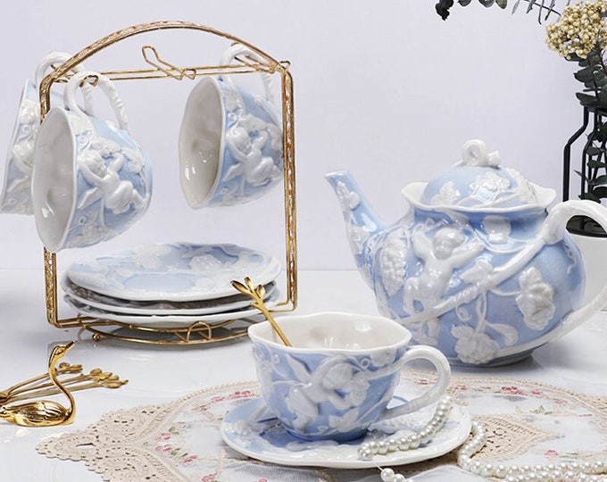 Embossed angel coffee set | Ceramic coffee set | Ceramic coffee cup and saucer set | Afternoon tea set | Retro tea set