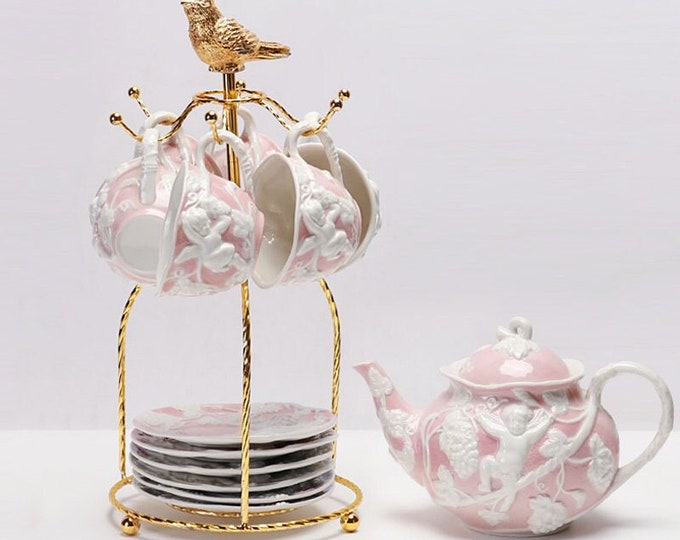 Pink ceramic coffee set | Ceramic coffee cup and saucer set | Embossed angel tea set | Retro ceramic tea set | Afternoon tea set