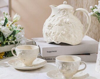 European ceramic coffee set | embossed ceramic coffee cup and saucer | French ceramic tea set | afternoon tea set | retro tea set