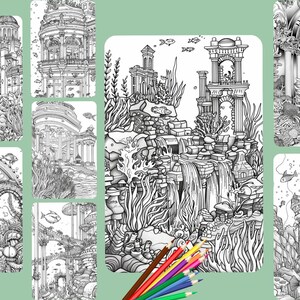 May include: Black and white line art illustrations of underwater scenes with architectural elements, including buildings, arches, and waterfalls. The images feature fish and aquatic plants. A set of colored pencils is in the foreground.
