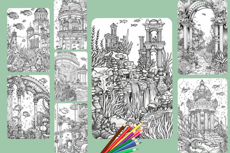 May include: Black and white line art illustrations of underwater scenes with architectural elements, including buildings, arches, and waterfalls. The images feature fish and aquatic plants. A set of colored pencils is in the foreground.