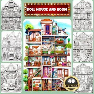 Könnte beinhalten: Eine Sammlung von Puppenhaus-Illustrationen, darunter ein zentrales, farbenfrohes Puppenhaus mit mehreren Zimmern und Balkonen. Umgeben von Schwarz-Weiß-Strichzeichnungen verschiedener Puppenhäuser. Der Text "DOLL HOUSE AND ROOM" und "40 JPG/PDF" ist enthalten.