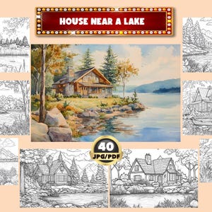 Lake House Coloring Book: Grayscale Landscape (Printable PDF)