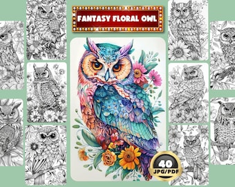 Op de afbeelding: Een set van 40 printbare kleurplaten met fantasievolle bloemen-uilen. De uilen zijn afgebeeld met ingewikkelde details, bloemmotieven en ontwerpen. De kleurplaten zijn perfect voor volwassenen en kinderen die van kleuren en kunst houden.
