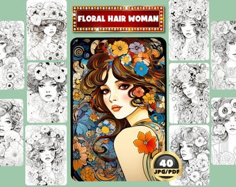 Floral Hair Woman Coloring Book: Grayscale Art, Relaxing Designs (PDF)