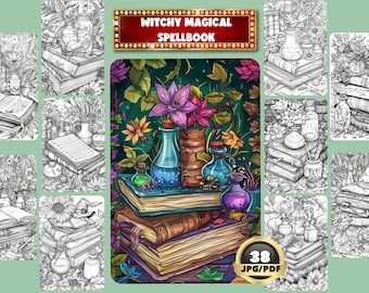 Witchy Magical Spellbook Coloring Pages, Halloween Coloring, Digital Coloring Book, Instant Download, Grayscale Coloring Book, Printable PDF