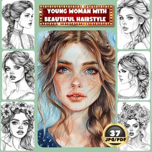 美しいヘアスタイルの若い女性の塗り絵、長い髪の女性、デジタル塗り絵、即時ダウンロード、グレースケール塗り絵、印刷可能な PDF
