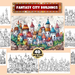 Fantasy City Coloring Book: Grayscale House & Landscape (Printable PDF)