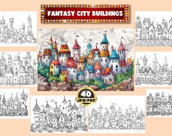 Fantasy City Coloring Book: Grayscale House & Landscape (Printable PDF)