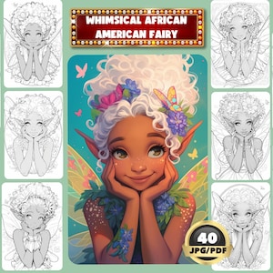 Whimsical African American Fairy Coloring Book, Fantasy Black Fairy Coloring, Relaxing Digital Coloring, Instant Download, Printable PDF