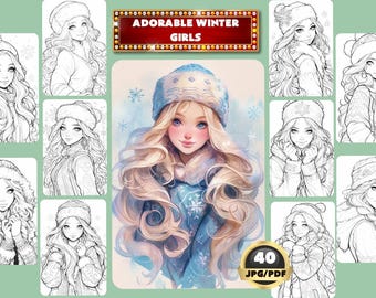 冬の女の子向けぬり絵：クリスマスちびアート（印刷可能なPDF）