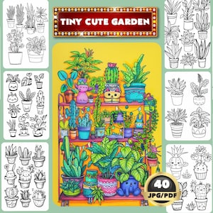 May include: A black and white coloring page featuring 40 different illustrations of potted plants. The title "Tiny Cute Garden" is at the top of the page.