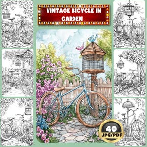 Vintage Bicycle In Garden Coloring Book, Birdcage, Digital Coloring, Relaxing Coloring, Instant Download, Grayscale Coloring, Printable PDF