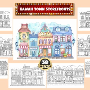 Kolorowanka Kawaii Town Storefronts, Cartoon House, Shop Frontside, Shop House Coloring, Kolorowanka cyfrowa, Natychmiastowe pobieranie, Wydrukuj PDF