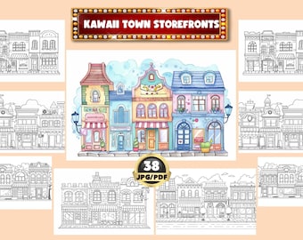 May include: A set of 38 printable coloring pages featuring cute, colorful storefronts in a kawaii style. The storefronts are decorated with flowers, hearts, and other whimsical details. The pages are perfect for kids and adults who love to color.