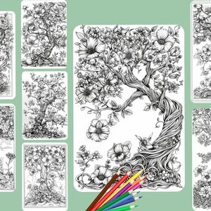 Blooming Tree of Life Coloring Book: Fantasy Floral Grayscale ...