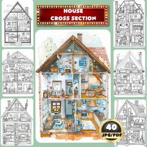 May include: A colorful illustration of a house cut in half, showing the interior of each room. The house has a living room, kitchen, bedroom, bathroom, and attic. The illustration is in a cartoon style and is perfect for coloring.