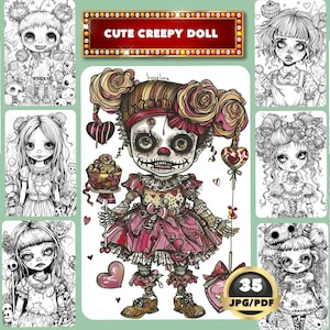 Creepy Doll Malbuch: Graustufen Halloween-Horror (druckbare PDF)