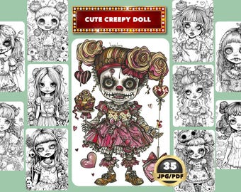 Cute Creepy Doll Coloring Book, Horror Little Doll Coloring, Halloween Coloring, Instant Download, Therapy Grayscale Coloring, Printable PDF