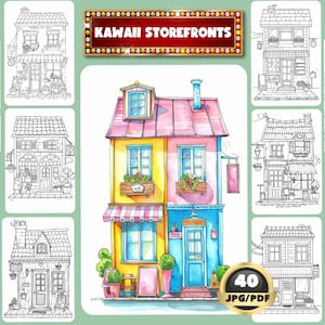 Kawaii Storefronts Coloring Book, Cozy Shophouse, Architect Coloring, Relaxing Coloring, Digital Coloring, Instant Download, Printable PDF