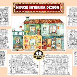 Könnte beinhalten: Eine Aquarell-Illustration eines zweistöckigen Hauses mit gelber und grüner Fassade. Das Haus hat einen Balkon, Fenster und eine Tür. Die Illustration ist umgeben von Schwarzweiß-Zeichnungen desselben Hauses, die die Inneneinrichtung zeigen.