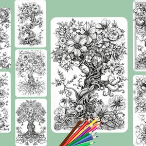 Blooming Tree of Life Coloring Book: Fantasy Floral Grayscale ...
