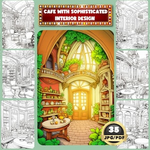 Cafe With Sophisticated Interior Design Coloring Book, Relaxing And Elegant Coffee Shop, Digital Coloring, Instant Download, Printable PDF