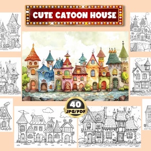 Libro para colorear de casas de dibujos animados, casa de fantasía para colorear, coloración digital, descarga instantánea, coloración relajante en escala de grises, PDF imprimible