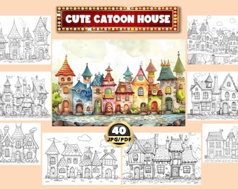 Cute Cartoon House Coloring Book, Fantasy House Coloring, Digital Coloring, Instant Download, Relaxing Grayscale Coloring, Printable PDF