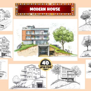 May include: Collection of architectural sketches of modern houses. The images include various house designs with trees, bicycles, and garage entrances. The text "MODERN HOUSE" is displayed at the top, and "40 JPG/PDF" is in a gold badge.