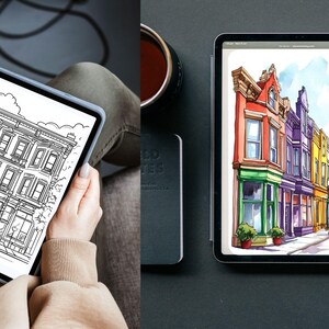 Puede incluir: Un dibujo digital de una fila de casas coloridas con una acera y una calle en frente. El dibujo est&aacute; en la pantalla de una tableta con un l&aacute;piz &oacute;ptico al lado.